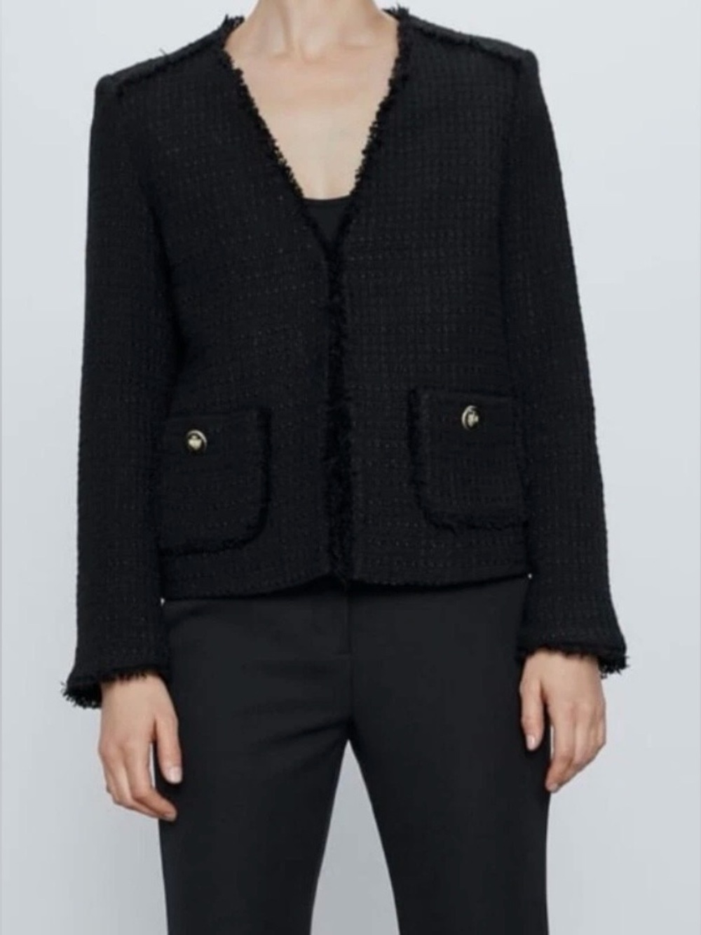 Zara Black Tweed Fringe-Trim Blazer - Picture 1 of 14